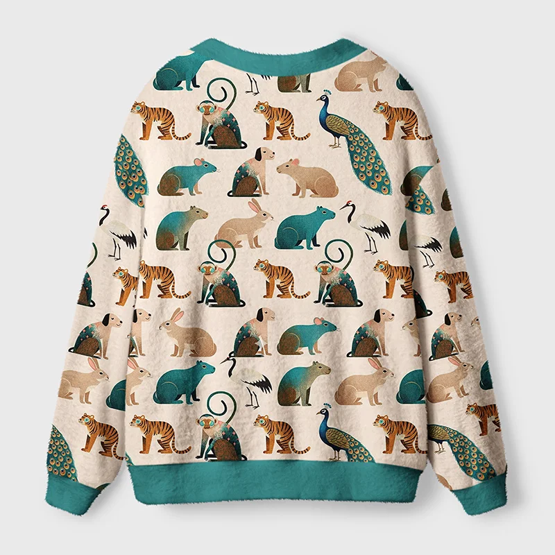 Colorful Wildlife Cardigan Sweater Back view of the colorful wildlife cardigan sweater highlighting the playful animal patterns and cozy fabric.