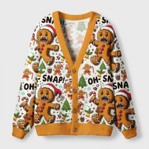 Front view of the gingerbread christmas chaos cardigan featuring colorful gingerbread designs and a cozy orange trim.