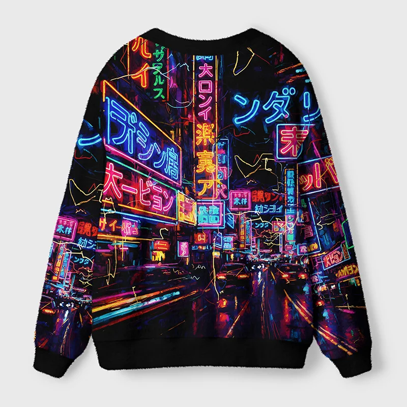 Tokyo Street Scene Cardigan Sweater | Japanese City Design Back view of the Tokyo street scene cardigan sweater, highlighting the colorful cityscape print in stunning detail.