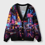 Front view of the Tokyo street scene cardigan sweater, showcasing vibrant neon designs and black accents.