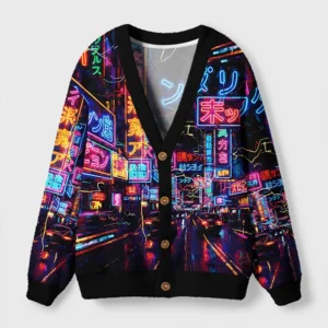 Front view of the Tokyo street scene cardigan sweater, showcasing vibrant neon designs and black accents.