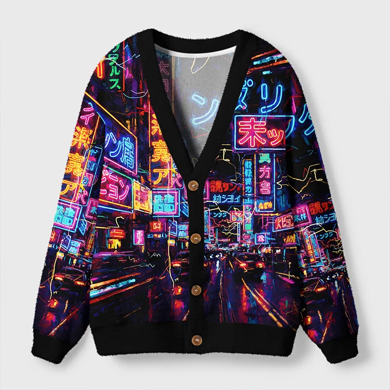Tokyo Street Scene Cardigan Sweater | Japanese City Design Front view of the Tokyo street scene cardigan sweater, showcasing vibrant neon designs and black accents.