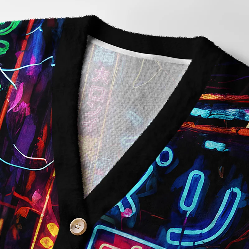 Tokyo Street Scene Cardigan Sweater | Japanese City Design Close-up of the Tokyo street scene cardigan sweater buttons, featuring intricate neon graphics and soft fabric texture.
