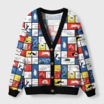 Front view of the Japanese abstract cat cardigan sweater featuring vibrant colors and playful cat designs.
