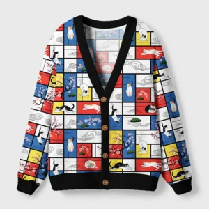 Front view of the Japanese abstract cat cardigan sweater featuring vibrant colors and playful cat designs.