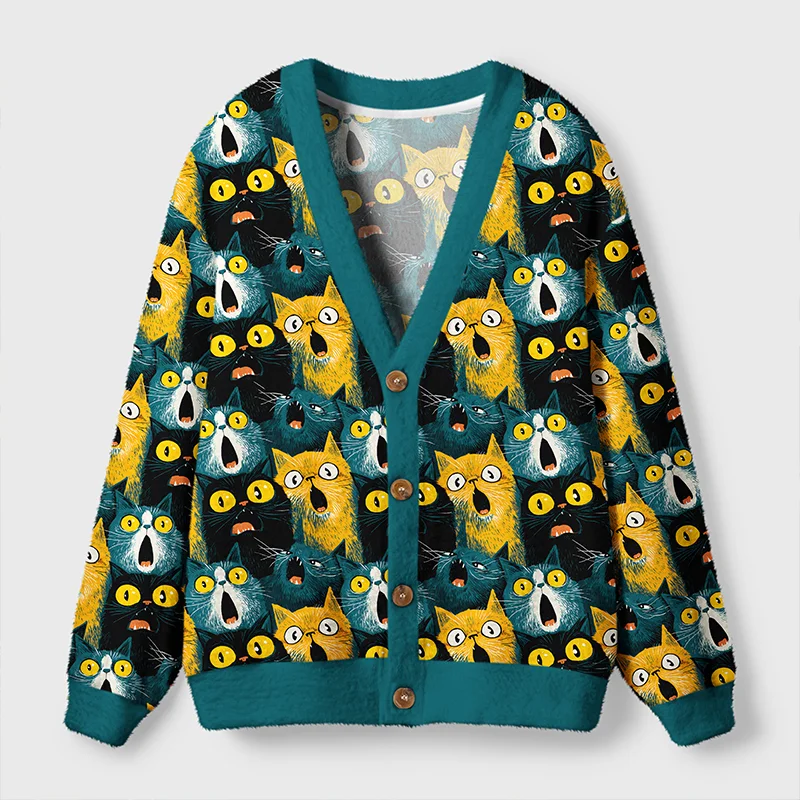 Surprised Cat Cardigan Sweater Surprised cat cardigan sweater in teal with vibrant cat faces, showcasing a fun and quirky design from the front view.