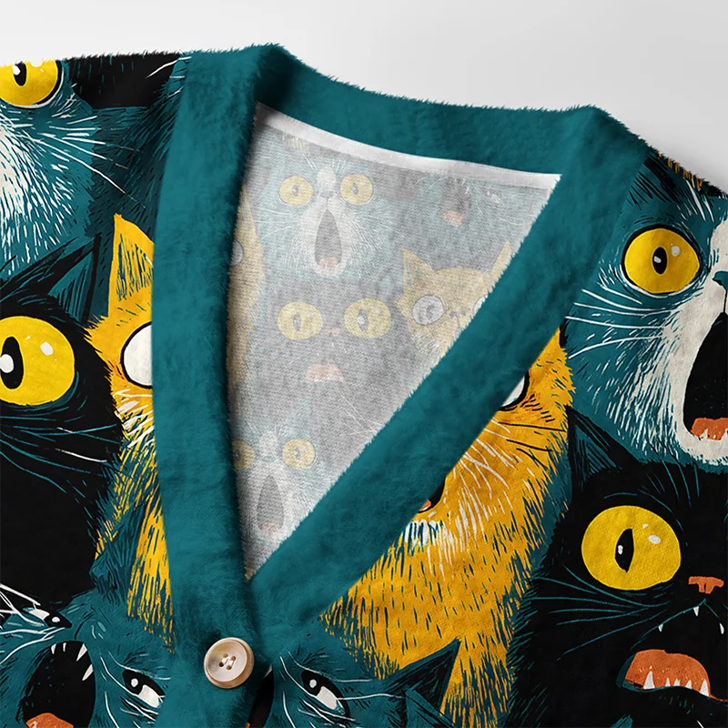 Surprised Cat Cardigan Sweater Close-up detail shot of the surprised cat cardigan sweater's buttons and fabric texture, highlighting the funny cat design.