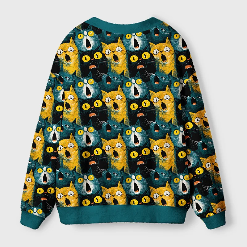 Surprised Cat Cardigan Sweater Back view of the surprised cat cardigan sweater, featuring a playful pattern of shocked cats across the fabric.