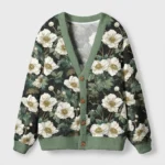 Front view of the Japanese Epiphyllum cardigan sweater featuring a floral art design in rich green and white.