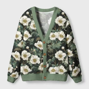 Front view of the Japanese Epiphyllum cardigan sweater featuring a floral art design in rich green and white.