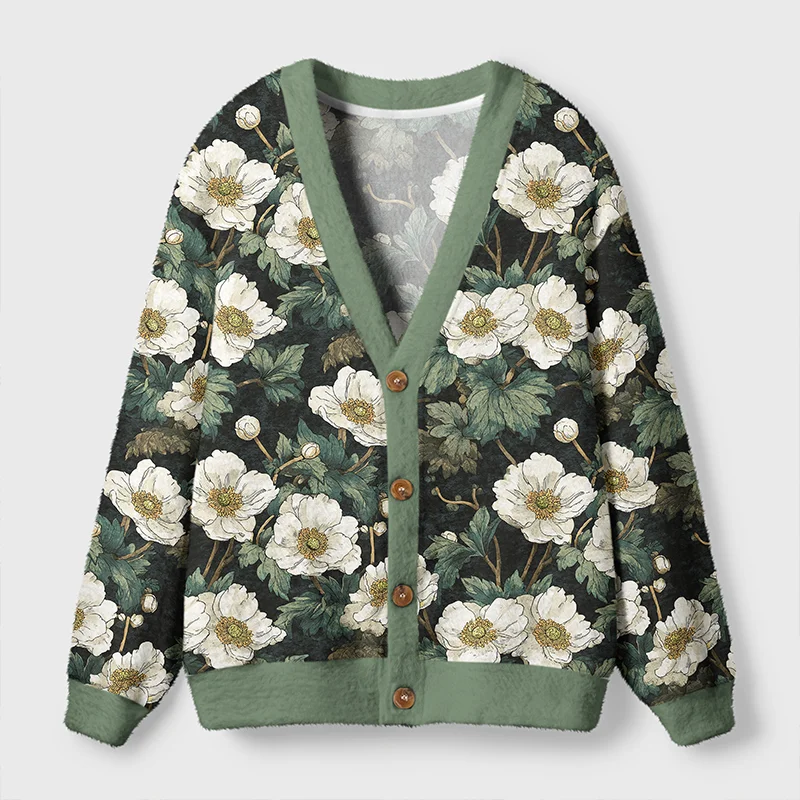Japanese Epiphyllum Cardigan Sweater Front view of the Japanese Epiphyllum cardigan sweater featuring a floral art design in rich green and white.
