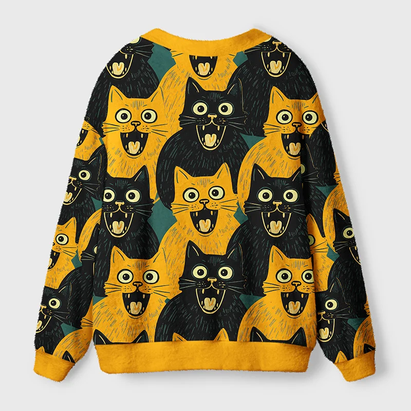 Yellow Black Cats Cardigan Sweater | Cute Cat Design Back view of the yellow black cats cardigan sweater showcasing the vibrant cat pattern and soft fabric texture.