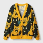 Front view of the yellow black cats cardigan sweater featuring playful cat designs and a cozy fit.