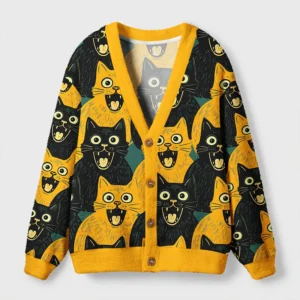 Front view of the yellow black cats cardigan sweater featuring playful cat designs and a cozy fit.