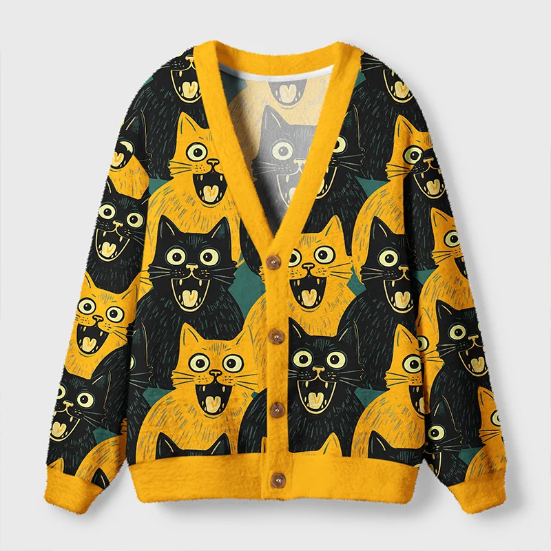 Yellow Black Cats Cardigan Sweater | Cute Cat Design Front view of the yellow black cats cardigan sweater featuring playful cat designs and a cozy fit.