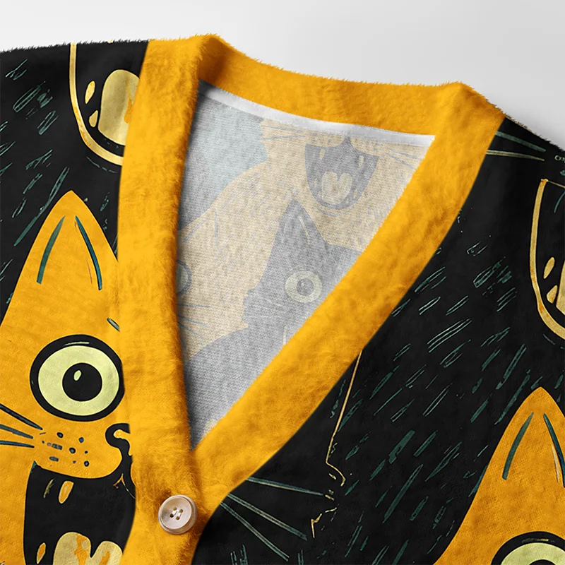Yellow Black Cats Cardigan Sweater | Cute Cat Design Close-up detail of the yellow black cats cardigan sweater highlighting the bold button design and colorful cat illustrations.