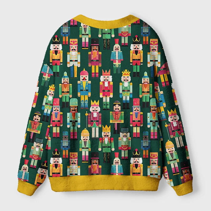 Nutcracker Parade Cardigan Sweater Back view of the nutcracker parade cardigan sweater showcasing the vibrant nutcracker pattern and cozy yellow trim.