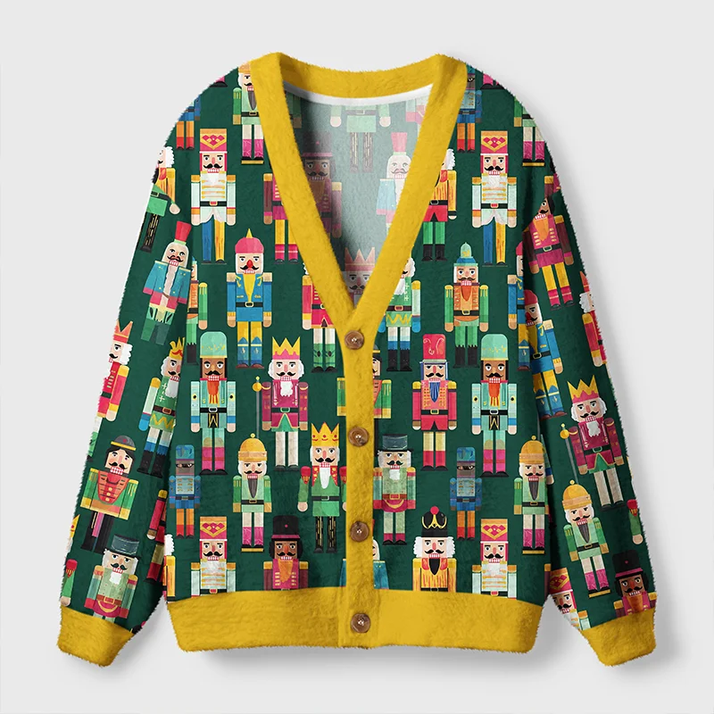 Nutcracker Parade Cardigan Sweater Front view of the nutcracker parade cardigan sweater featuring a colorful nutcracker design on a green background.