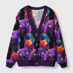 Front view of the cosmic cat chronicles cardigan sweater featuring vibrant galaxy cat designs in purple and black.