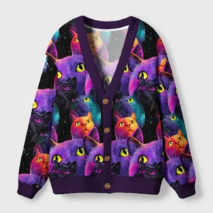 Front view of the cosmic cat chronicles cardigan sweater featuring vibrant galaxy cat designs in purple and black.