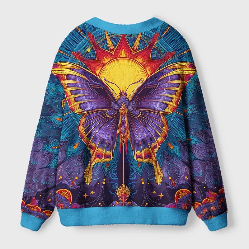 Dreamscape Wings Cardigan Sweater | Fantasy Art Design Back angle of the Dreamscape Wings Cardigan Sweater, showcasing intricate fantasy art and colorful patterns.