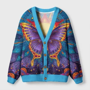 Front view of the Dreamscape Wings Cardigan Sweater, featuring vibrant butterfly design and blue accents.
