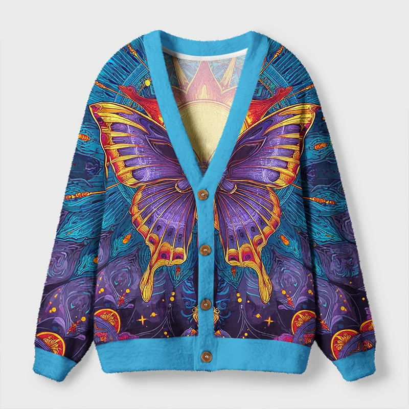 Dreamscape Wings Cardigan Sweater | Fantasy Art Design Front view of the Dreamscape Wings Cardigan Sweater, featuring vibrant butterfly design and blue accents.