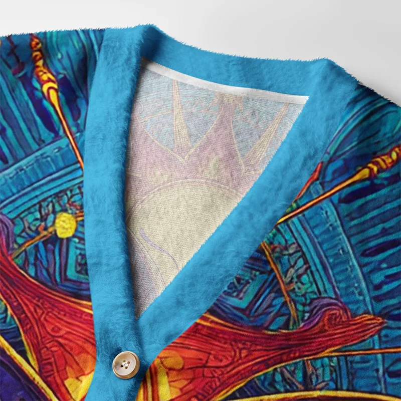 Dreamscape Wings Cardigan Sweater | Fantasy Art Design Close-up detail of the Dreamscape Wings Cardigan Sweater's buttons and soft texture, highlighting its unique design.