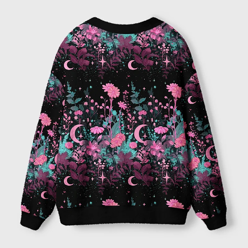 Moonlit Garden Cardigan Sweater | Celestial Floral Design Back angle of the moonlit garden cardigan sweater showcasing the intricate celestial floral pattern and stylish fit.