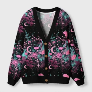 Front view of the moonlit garden cardigan sweater featuring a vibrant celestial floral design in black and pink.