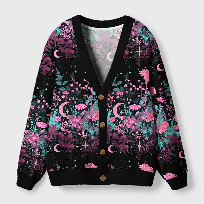 Moonlit Garden Cardigan Sweater | Celestial Floral Design Front view of the moonlit garden cardigan sweater featuring a vibrant celestial floral design in black and pink.
