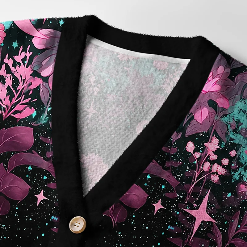 Moonlit Garden Cardigan Sweater | Celestial Floral Design Close-up detail of the moonlit garden cardigan sweater's floral design with buttons, highlighting its unique celestial theme.