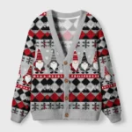 Front view of the argyle gnome party cardigan sweater featuring festive gnome designs in red and gray hues.