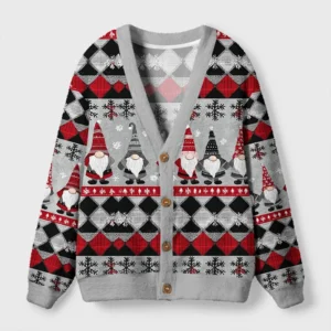 Front view of the argyle gnome party cardigan sweater featuring festive gnome designs in red and gray hues.