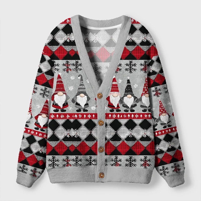 Argyle Gnome Party Cardigan Sweater Front view of the argyle gnome party cardigan sweater featuring festive gnome designs in red and gray hues.