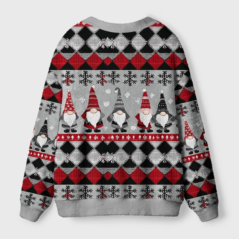 Argyle Gnome Party Cardigan Sweater Back view of the argyle gnome party cardigan sweater showcasing its cozy fabric and charming gnome patterns.