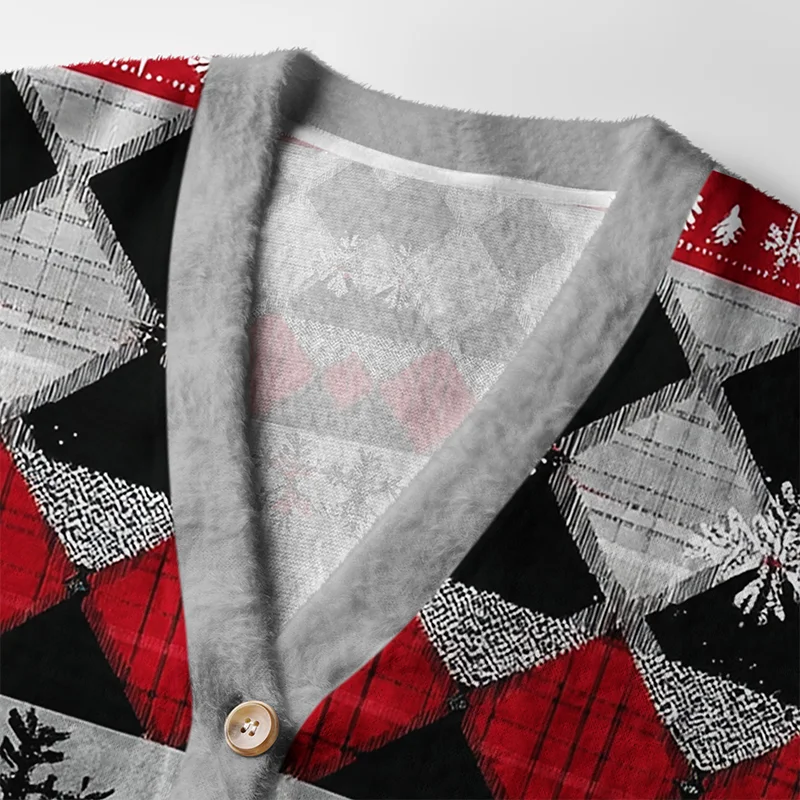 Argyle Gnome Party Cardigan Sweater Close-up detail of the argyle gnome party cardigan sweater highlighting the intricate design and buttons against a playful ba