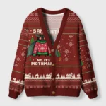 Front view of the mothman christmas cardigan sweater in red with festive Mothman design and snowflakes.