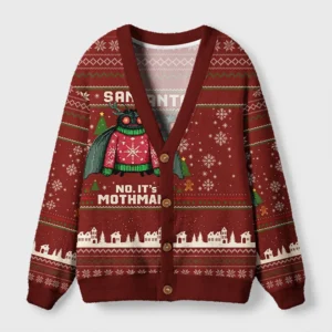 Front view of the mothman christmas cardigan sweater in red with festive Mothman design and snowflakes.