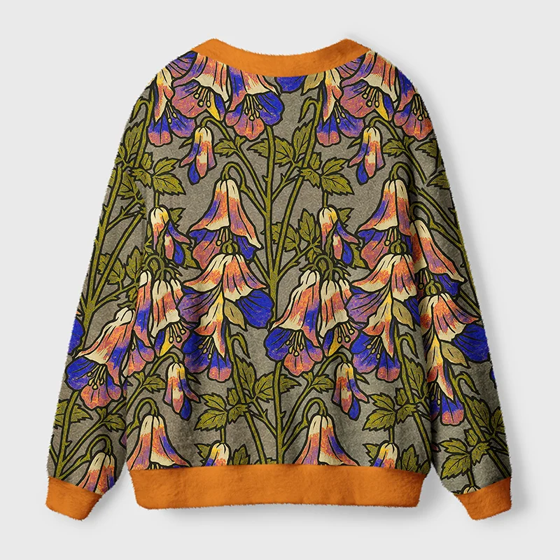 Lily of the Valley Cardigan Sweater Back view showcasing the intricate floral patterns on the lily of the valley cardigan sweater in soft colors.
