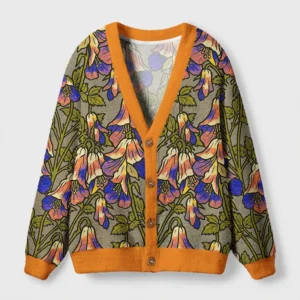 Front view of the lily of the valley cardigan sweater featuring vibrant floral design and orange trim.