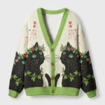 Front view of the flower-crowned cat cardigan sweater featuring a vibrant floral cat design and green accents.