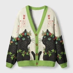 Front view of the flower-crowned cat cardigan sweater featuring a vibrant floral cat design and green accents.