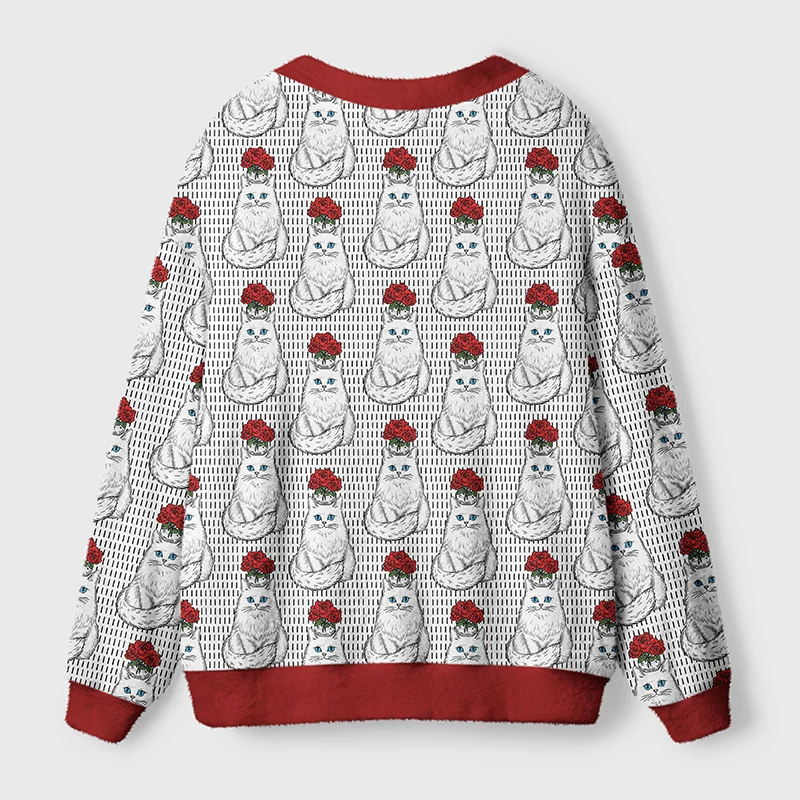 Vase Cat Cardigan Sweater | Artistic Cat Design Back view of the vase cat cardigan sweater showcasing the unique artistic cat pattern on soft fabric.