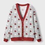 Front view of the vase cat cardigan sweater featuring a vibrant cat design and red trim.