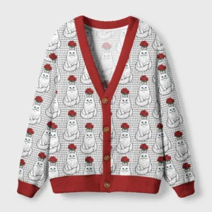 Front view of the vase cat cardigan sweater featuring a vibrant cat design and red trim.