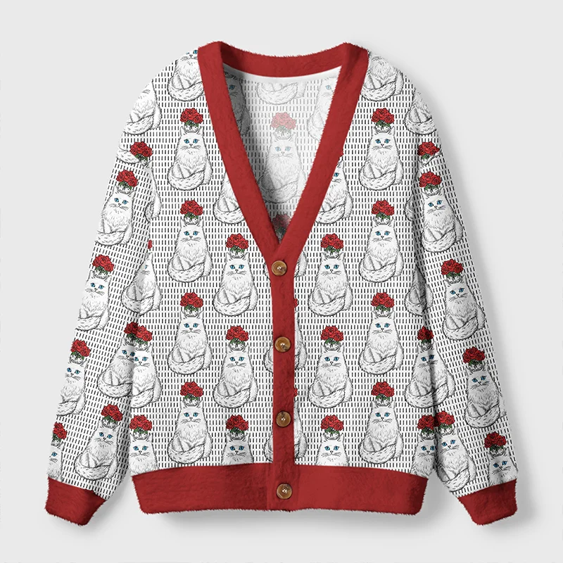 Vase Cat Cardigan Sweater | Artistic Cat Design Front view of the vase cat cardigan sweater featuring a vibrant cat design and red trim.