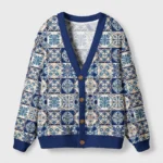 Front view of the Mediterranean mosaic cardigan sweater showcasing its blue geometric tile design and button details.