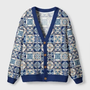 Front view of the Mediterranean mosaic cardigan sweater showcasing its blue geometric tile design and button details.