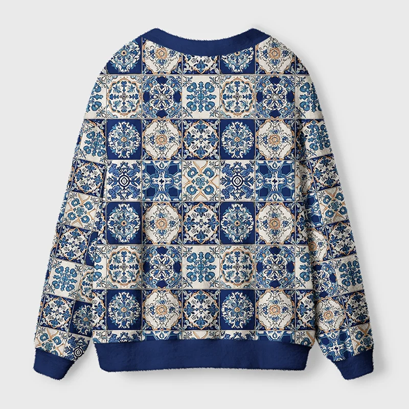 Mediterranean Mosaic Cardigan Sweater Back view of the Mediterranean mosaic cardigan sweater highlighting the intricate tile patterns and soft fabric texture.